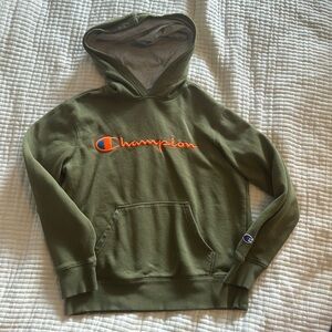 green champion hoodie with orange writing size M